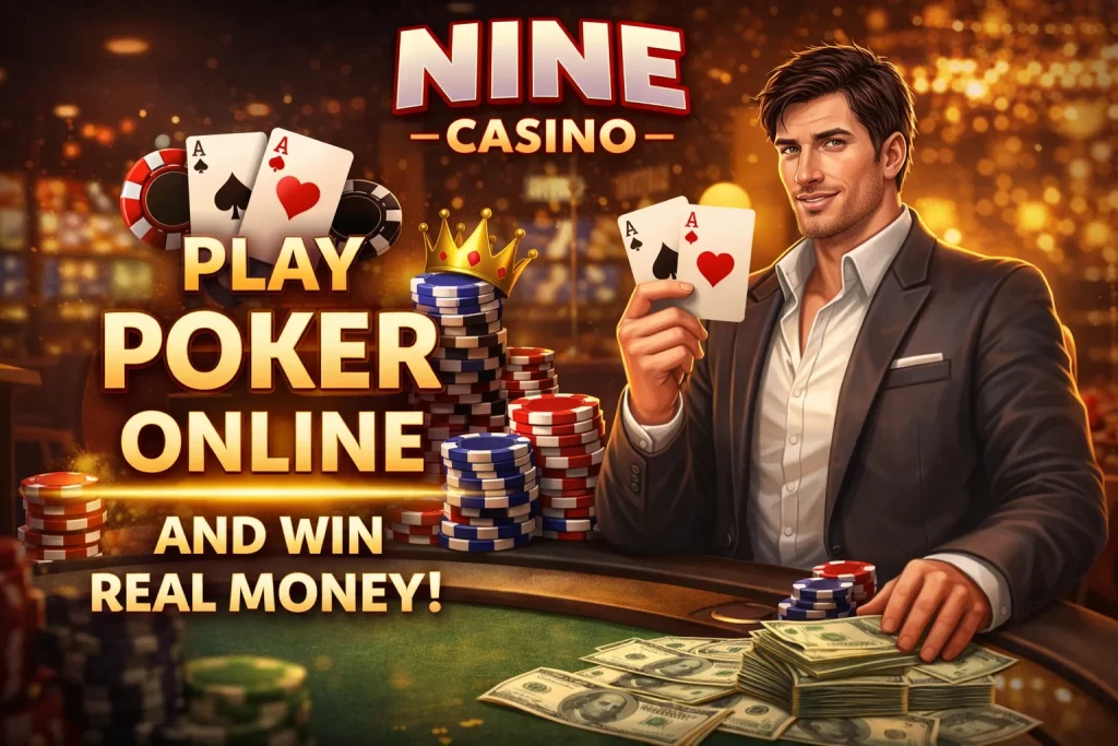 Nine Casino Poker banner featuring a confident player holding two aces at a poker table with stacks of chips and cash, glowing casino background, and bold text: “Play Poker Online and Win Real Money!”