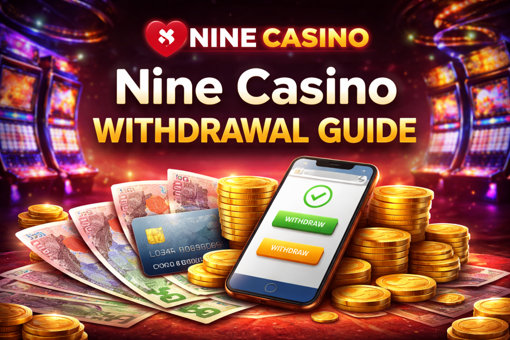 Nine Casino Withdrawal Guide banner showing smartphone withdrawal interface, casino chips, British pound banknotes and Nine Casino logo