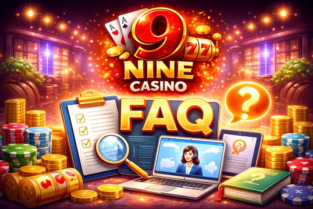 Nine Casino FAQ banner showing online casino help center with smartphone, casino chips, question icons and glowing slot machine elements