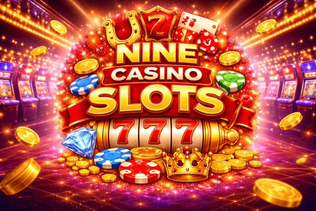 Nine Casino Slots banner with golden coins, slot machine reels, chips and glowing lights, featuring bright “Nine Casino Slots” title in a vibrant casino scene