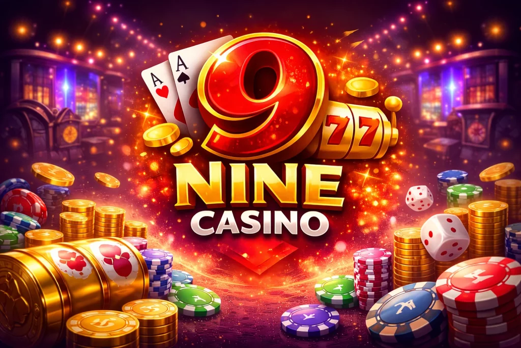 Nine Casino mobile app banner showing smartphone with casino slots, gold coins, and glowing gaming interface for online casino gameplay