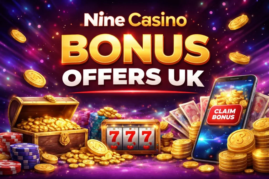 Nine Casino bonus banner with gold coins, slot machine 777, poker chips and smartphone showing claim bonus button