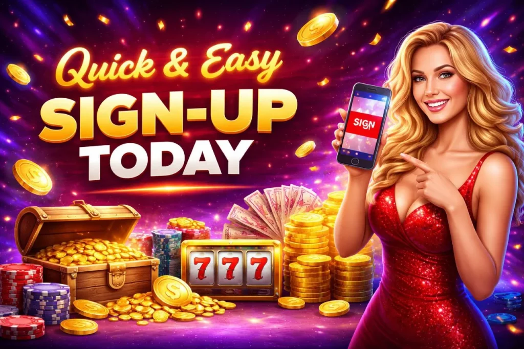 Nine Casino sign up banner with smartphone registration screen, gold coins, poker chips and slot machine 777
