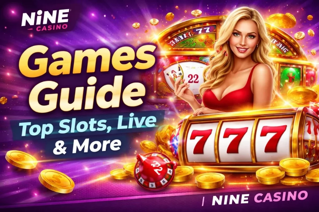 Nine Casino Games Guide banner with slots, live dealer, roulette and 777 jackpot theme in vibrant purple and gold style