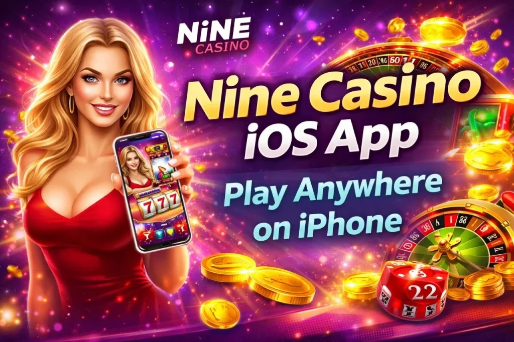 Nine Casino iOS App banner with iPhone gameplay, slots, roulette and mobile casino theme in purple and gold style