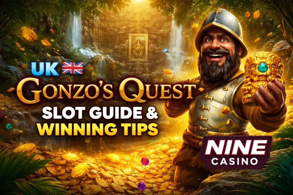 Gonzo’s Quest slot guide banner for UK players featuring Nine Casino branding, jungle treasure theme, and winning tips concept