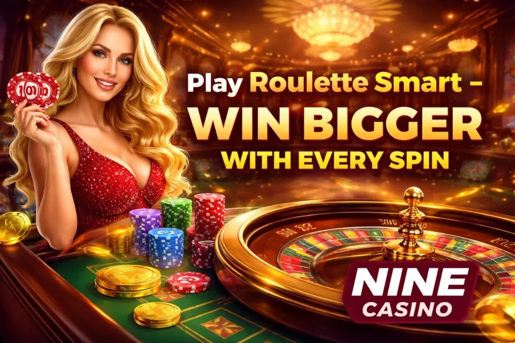 Nine Casino roulette banner featuring luxury casino scene, roulette wheel, chips, and headline “Play Roulette Smart – Win Bigger with Every Spin”