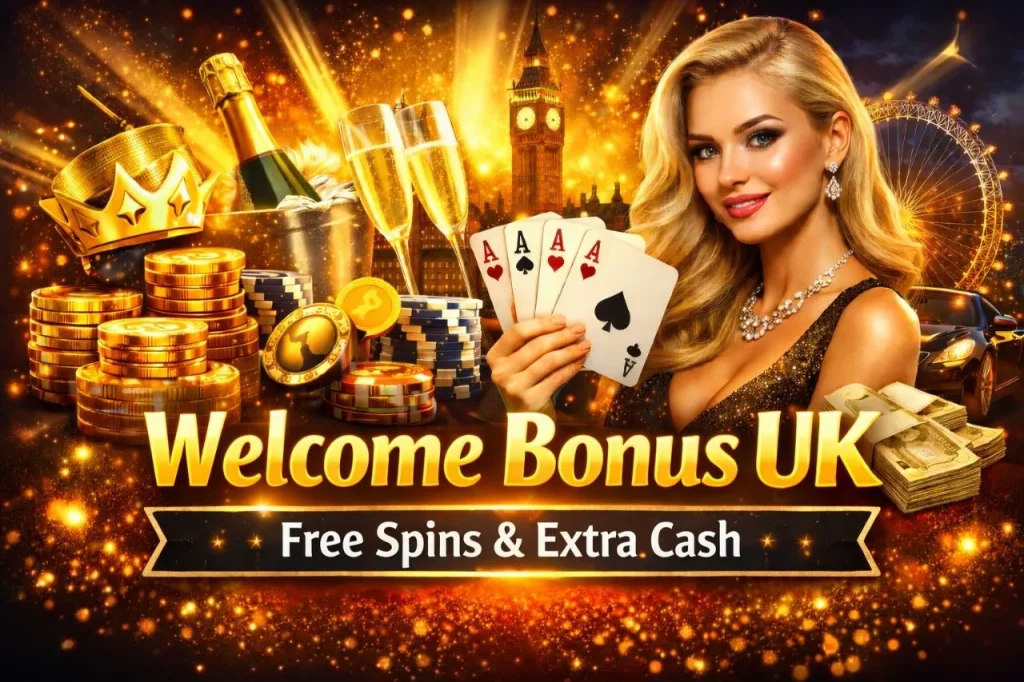 Nine Casino Welcome Bonus UK banner with gold coins, free spins, champagne, and glowing casino elements on a London-themed background