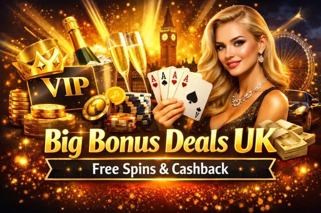Nine Casino Bonus Offers UK banner with gold coins, free spins, cashback text, and luxury casino elements on a glowing background