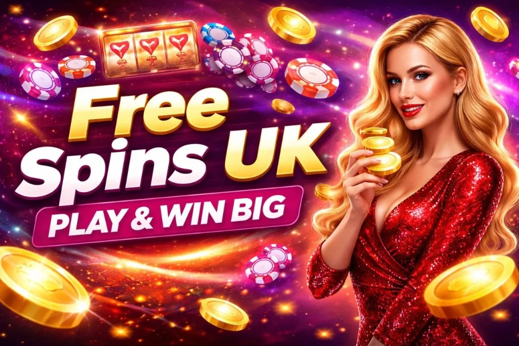 Nine Casino Free Spins UK banner with glowing coins, slot machine, poker chips, and woman holding gold coins on a vibrant casino background