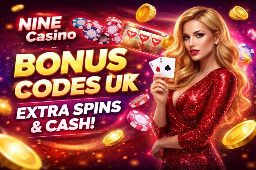 Nine Casino Bonus Codes UK banner with glowing gold text, poker chips, slot machine, and woman holding cards on a vibrant casino background